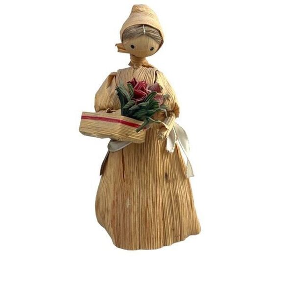 Handmade Corn Husk Doll w/ Holding Basket. Vintage. - Picture 2 of 9